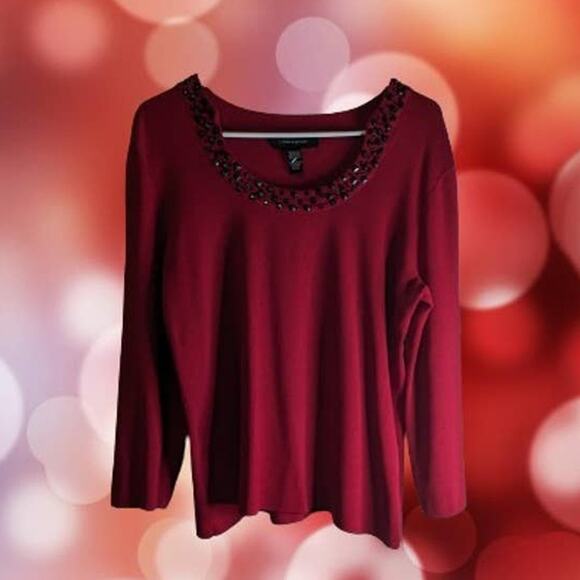 Cable & Gage Large red knit 3/4 sleeve top with collar embellishments. Holidays. - Picture 1 of 1